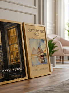 Almost a Crime watercolour print framed by window – literary home decor