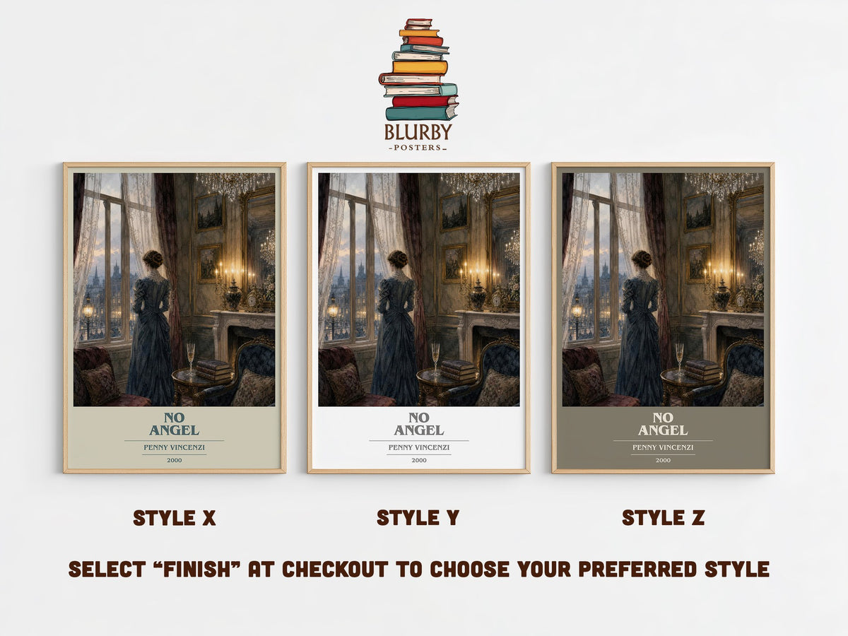 No Angel book cover print in frame leaning in hallway – contemporary fiction wall art (mockup)