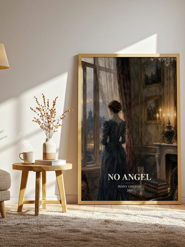 No Angel watercolour print in frame leaning in hallway – contemporary fiction wall art