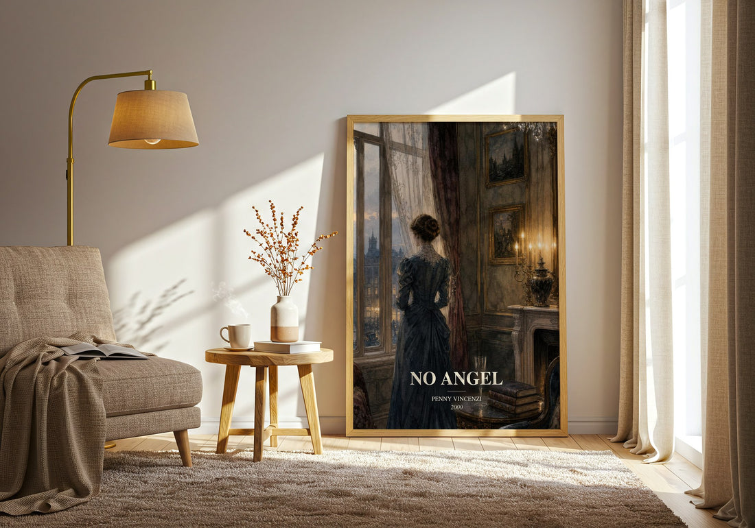 No Angel watercolour print in frame leaning in hallway – contemporary fiction wall art (mockup)