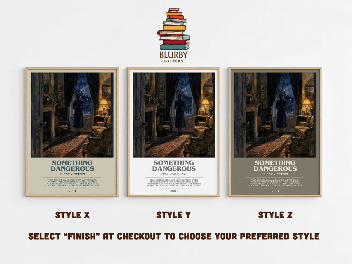 Something Dangerous bookish print in frame leaning in hallway – contemporary fiction wall art (mockup)