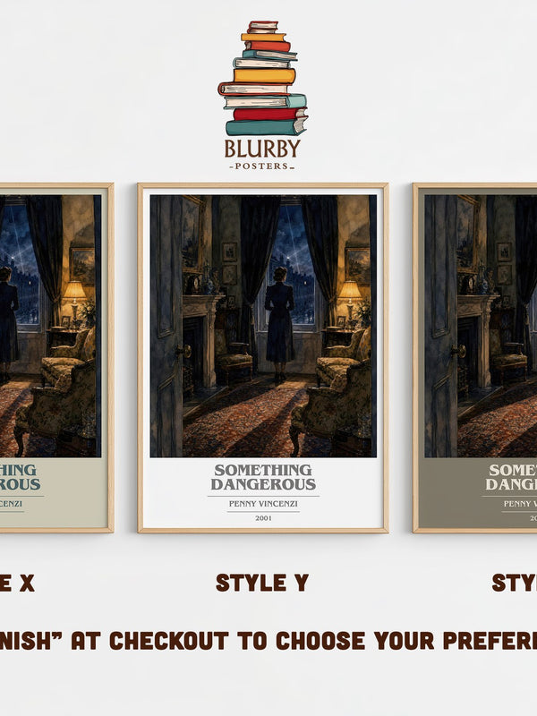 Something Dangerous book cover print in frame leaning in hallway – contemporary fiction wall art
