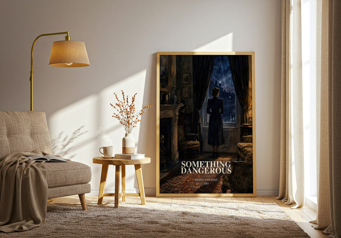 Something Dangerous watercolour print in frame leaning in hallway – contemporary fiction wall art (mockup)