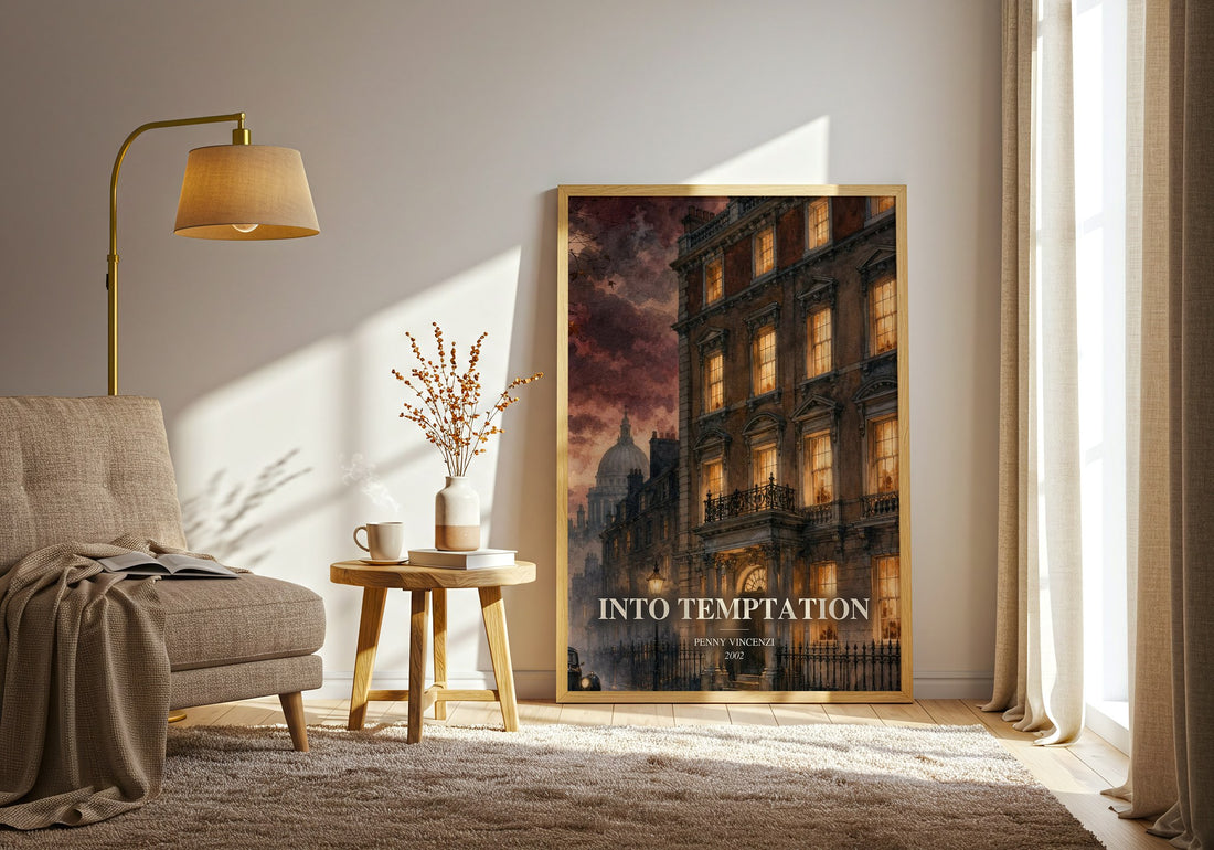 Into Temptation watercolour print in frame leaning in hallway – contemporary fiction wall art (mockup)