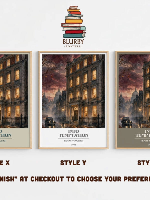 Into Temptation book cover print in frame leaning in hallway – contemporary fiction wall art