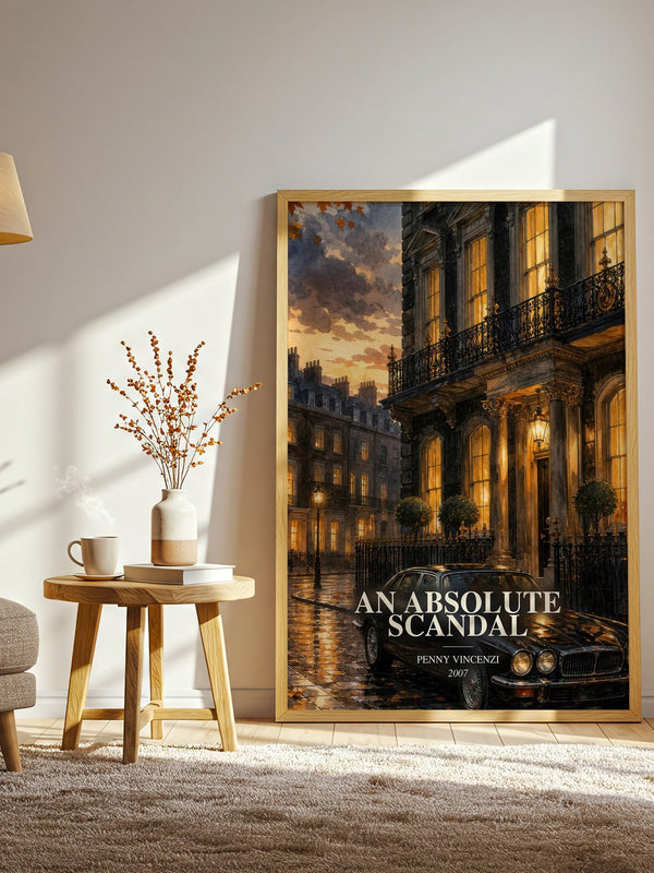An Absolute Scandal watercolour print in frame leaning in hallway – contemporary fiction wall art