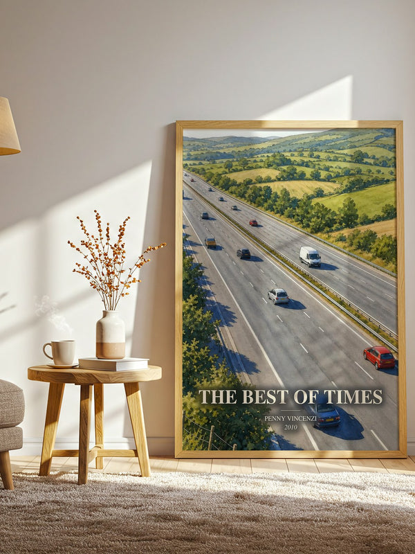 The Best of Times watercolour print in frame leaning in hallway – contemporary fiction wall art