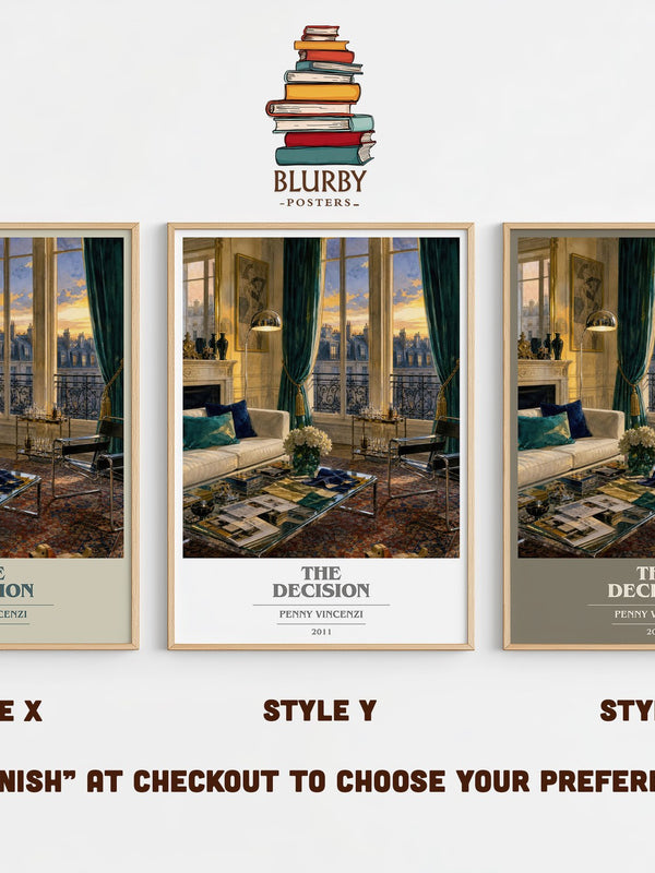 The Decision book cover print in frame leaning in hallway – contemporary fiction wall art
