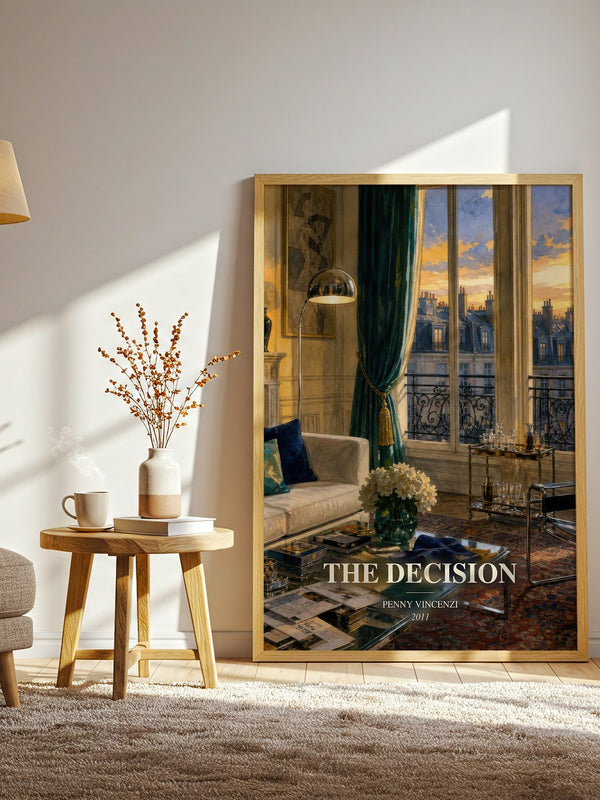 The Decision watercolour print in frame leaning in hallway – contemporary fiction wall art