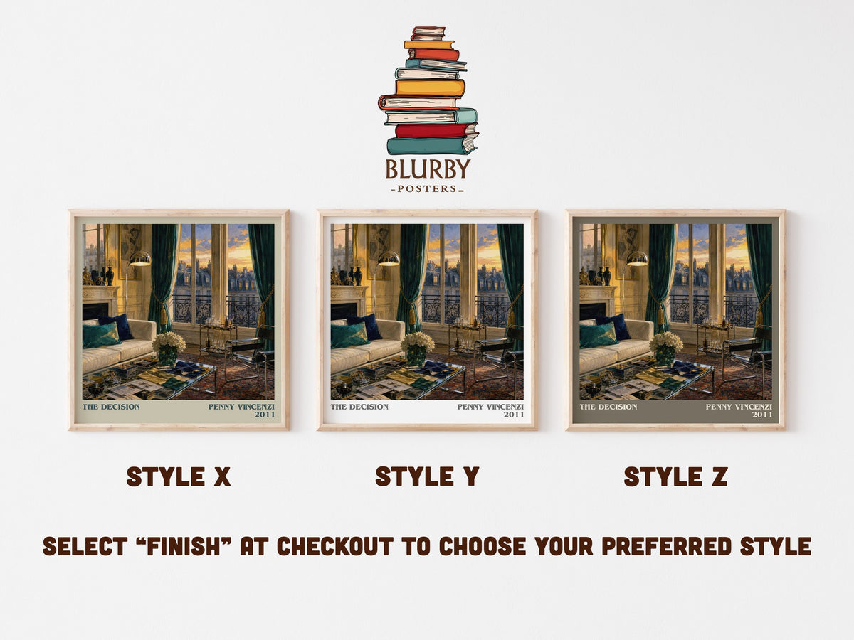 The Decision literary print in frame leaning in hallway – contemporary fiction wall art (mockup)
