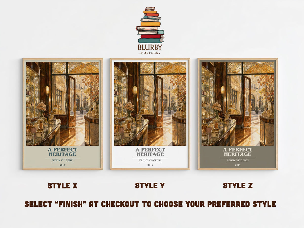 A Perfect Heritage book cover print in frame leaning in hallway – contemporary fiction wall art (mockup)