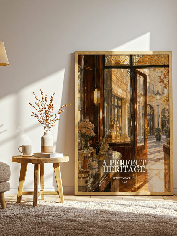A Perfect Heritage watercolour print in frame leaning in hallway – contemporary fiction wall art