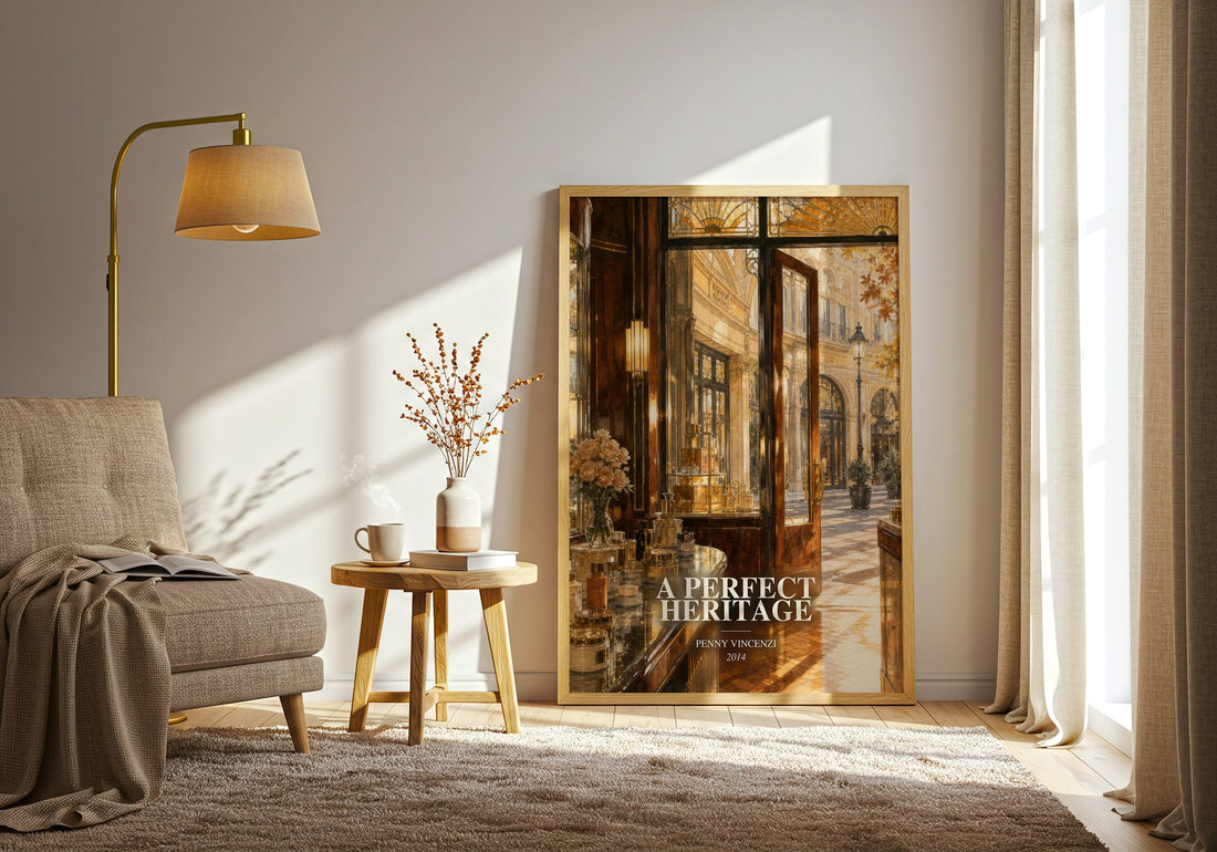 A Perfect Heritage watercolour print in frame leaning in hallway – contemporary fiction wall art (mockup)