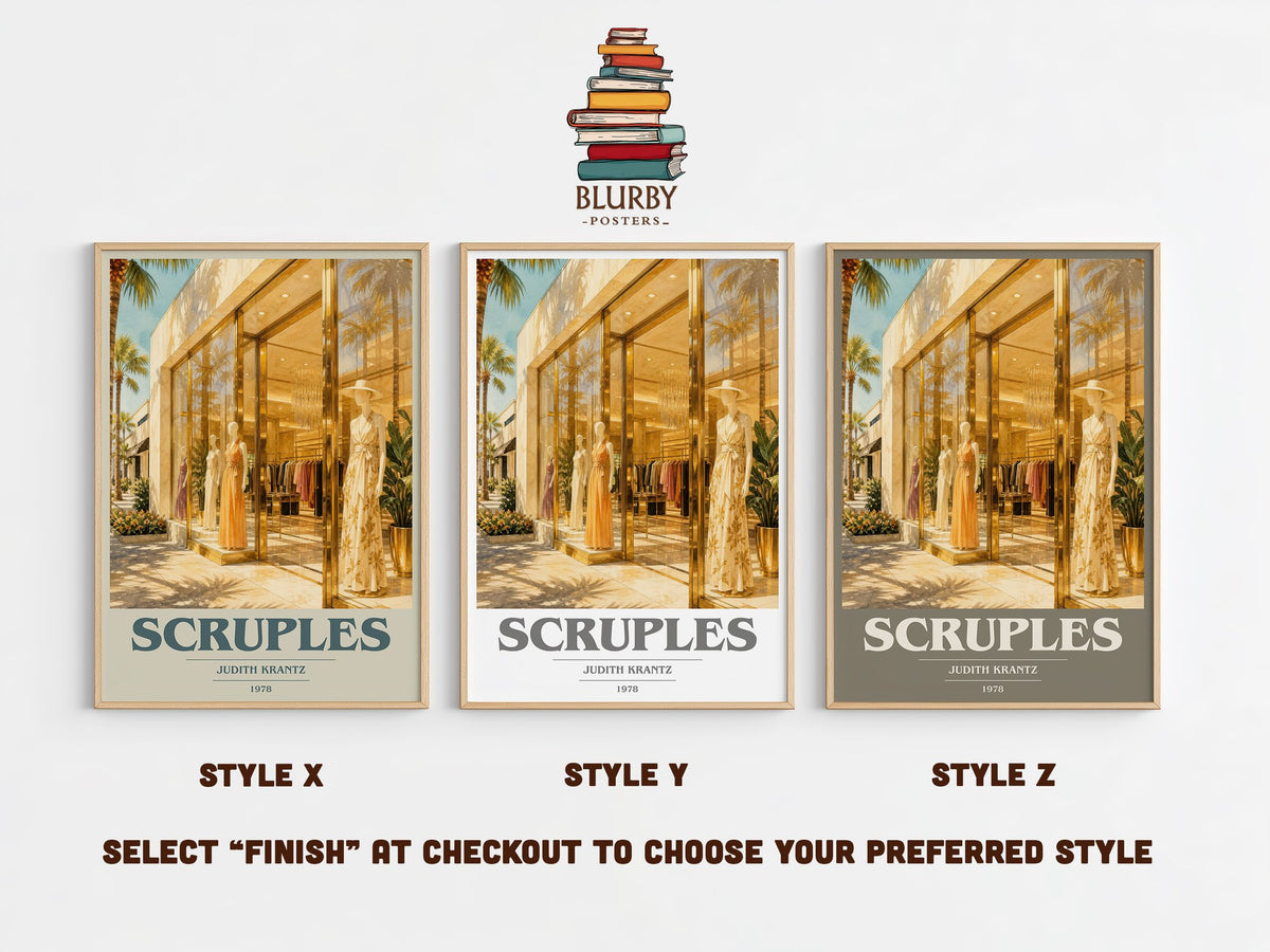 Scruples book cover print in frame leaning in hallway – romance wall art (mockup)