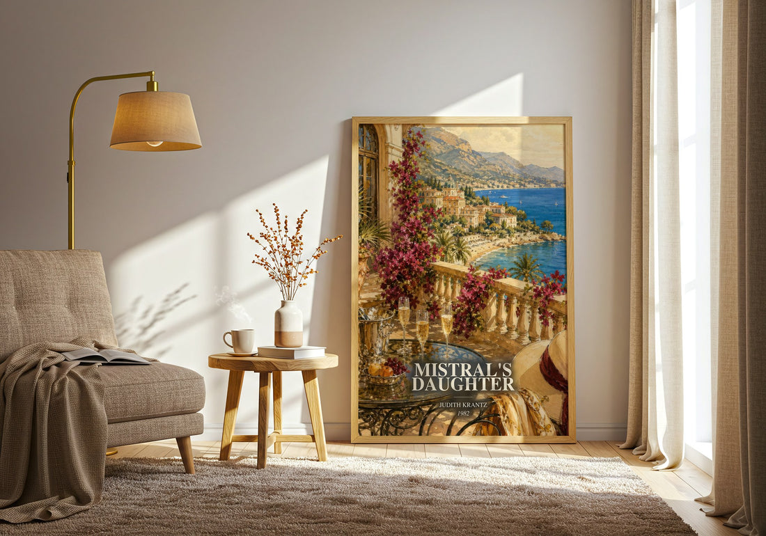 Mistral's Daughter watercolour print in frame leaning in hallway – romance wall art (mockup)
