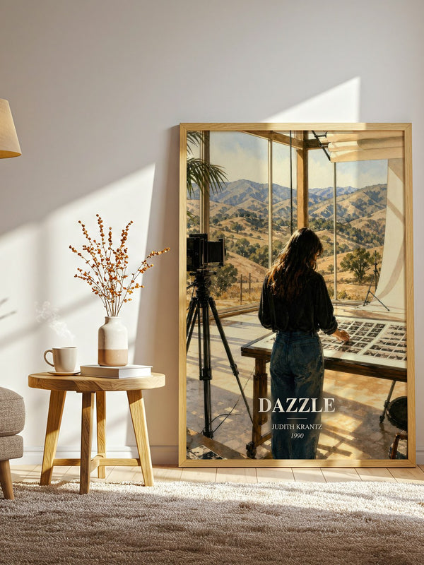 Dazzle watercolour print in frame leaning in hallway – contemporary fiction wall art