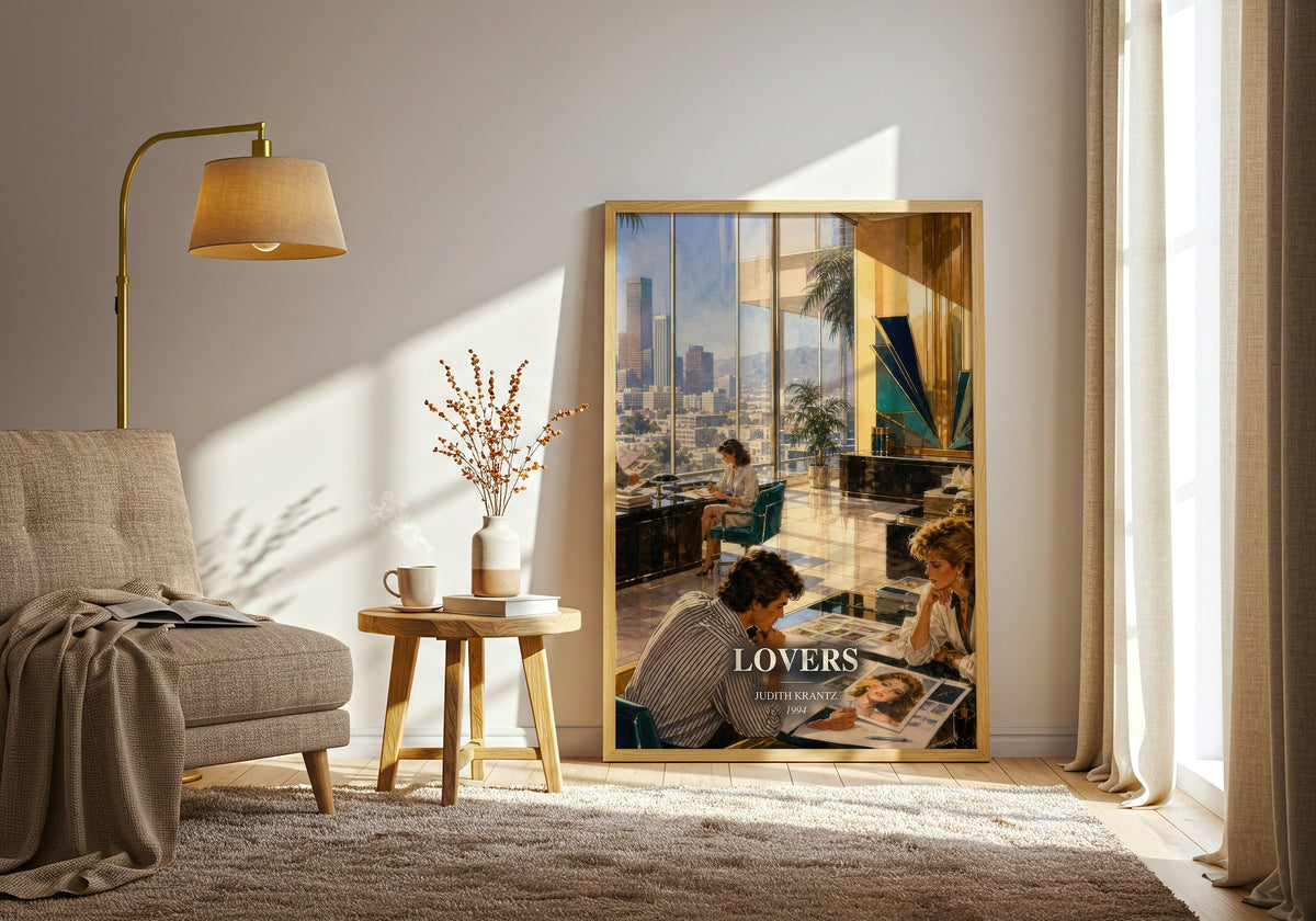 Lovers watercolour print in frame leaning in hallway – romance wall art (mockup)
