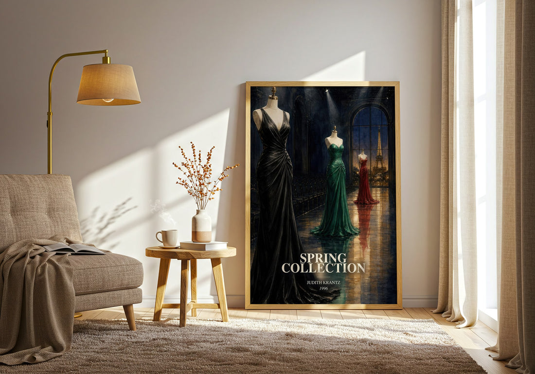 Spring Collection watercolour print in frame leaning in hallway – romance wall art (mockup)