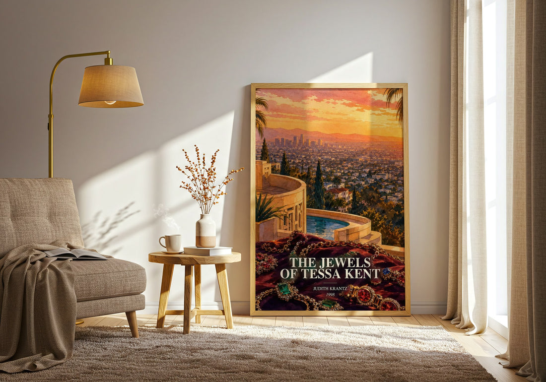 The Jewels of Tessa Kent watercolour print in frame leaning in hallway – romance wall art (mockup)