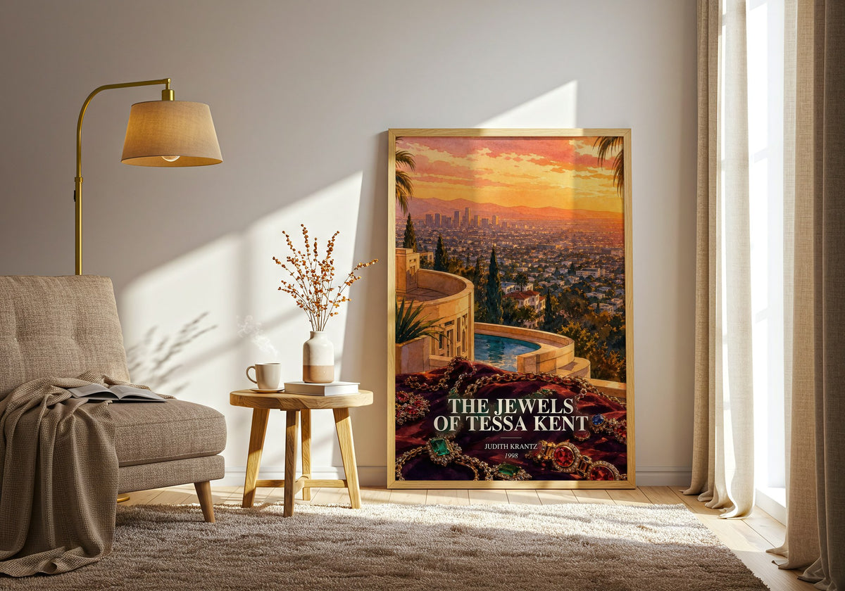The Jewels of Tessa Kent watercolour print in frame leaning in hallway – romance wall art (mockup)