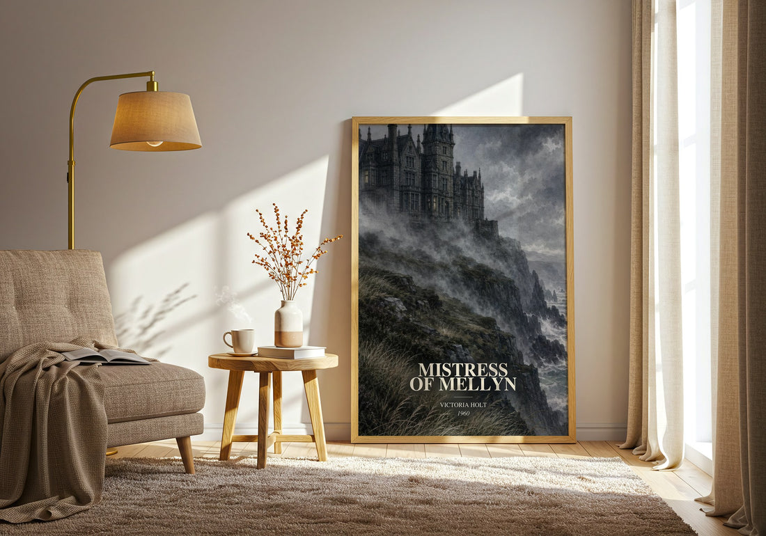 Mistress of Mellyn watercolour print in frame leaning in hallway – gothic wall art (mockup)