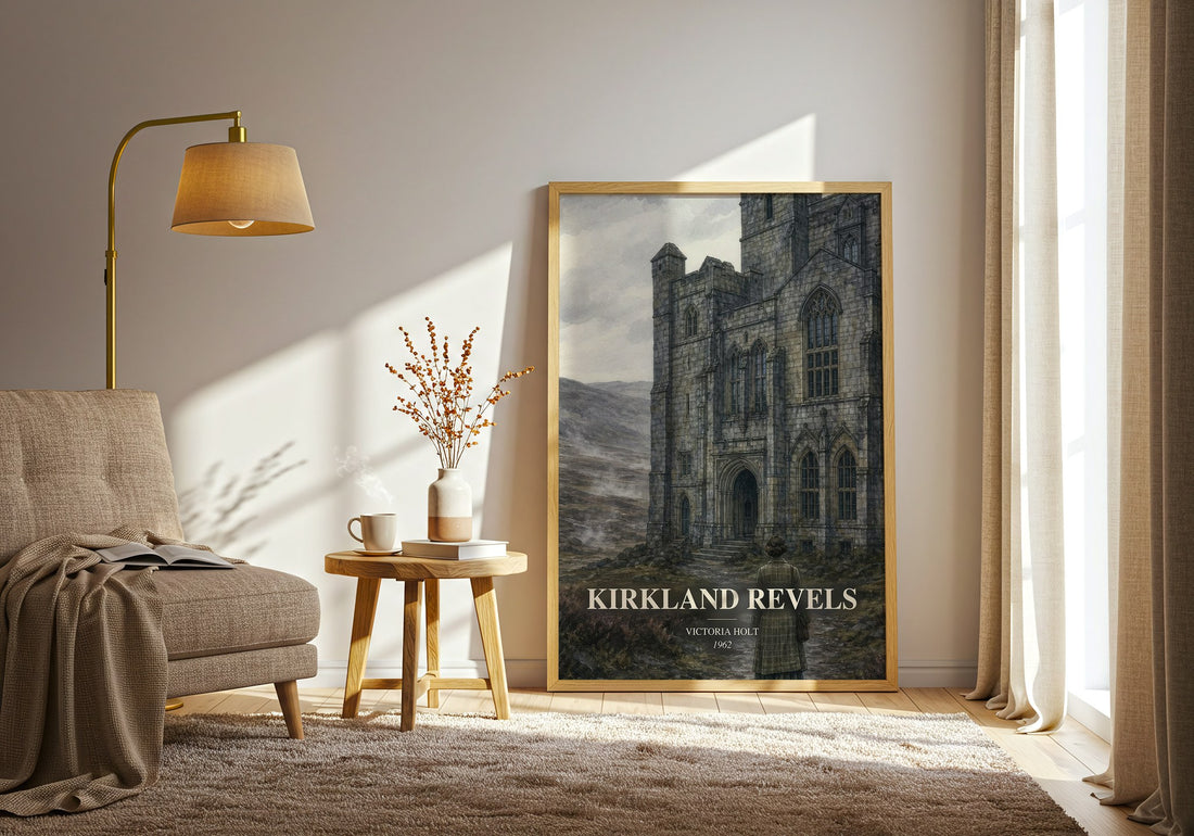 Kirkland Revels watercolour print in frame leaning in hallway – gothic wall art (mockup)