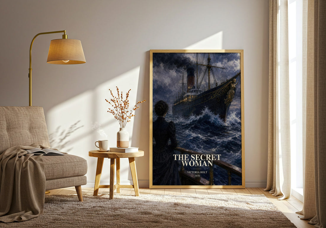 The Secret Woman watercolour print in frame leaning in hallway – gothic wall art (mockup)
