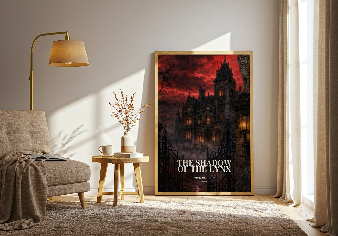 The Shadow of the Lynx watercolour print in frame leaning in hallway – gothic wall art (mockup)