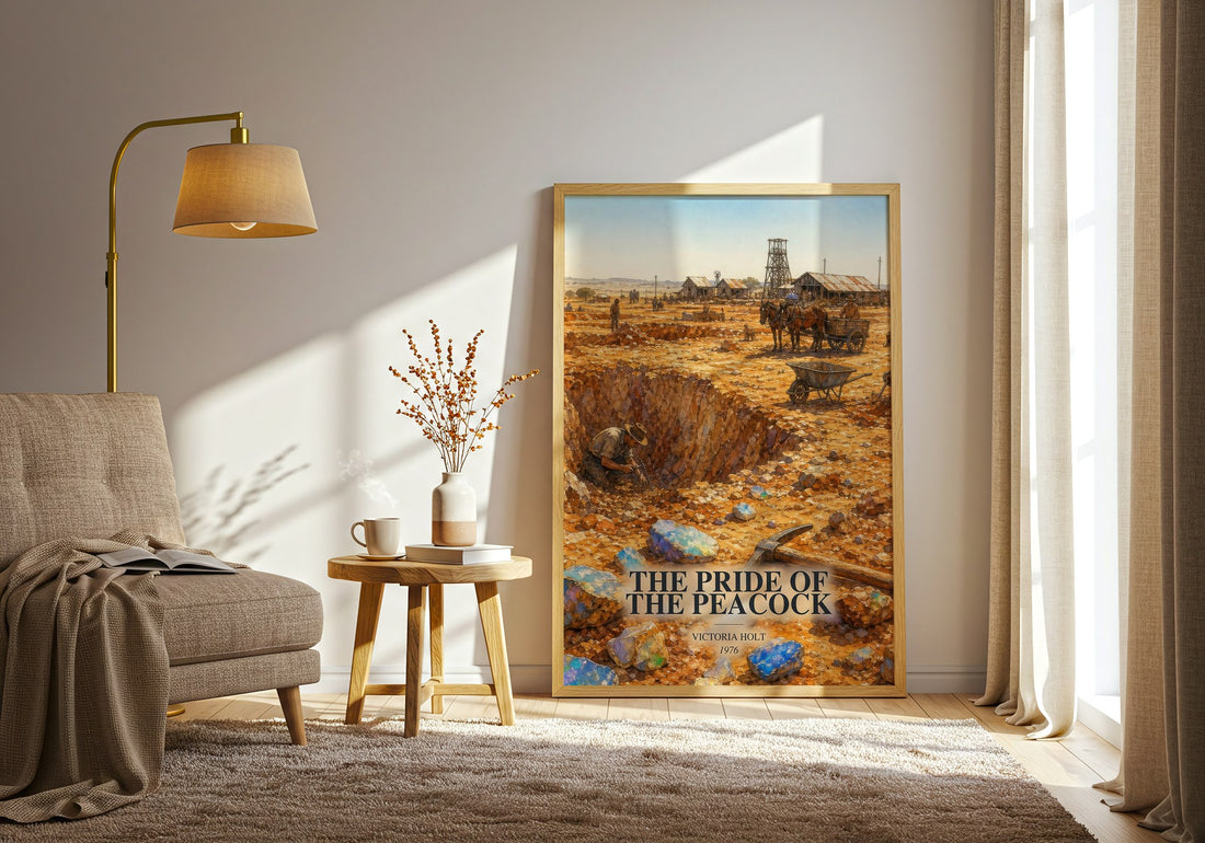 The Pride of the Peacock watercolour print in frame leaning in hallway – romance wall art (mockup)