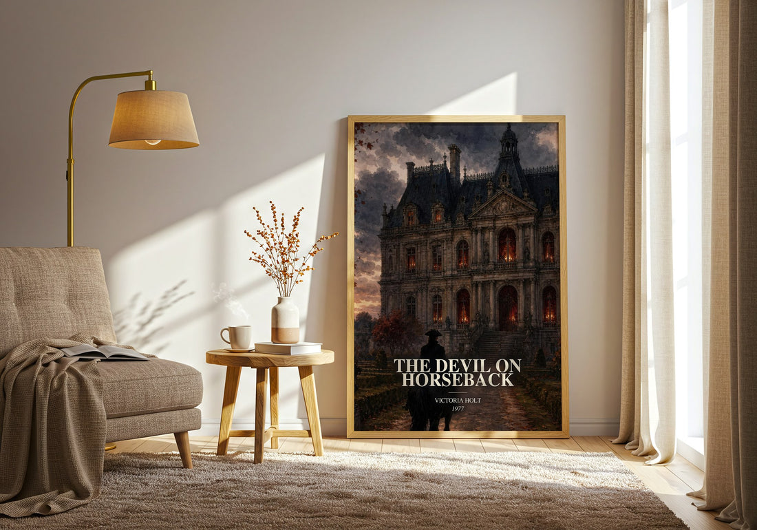 The Devil on Horseback watercolour print in frame leaning in hallway – gothic wall art (mockup)