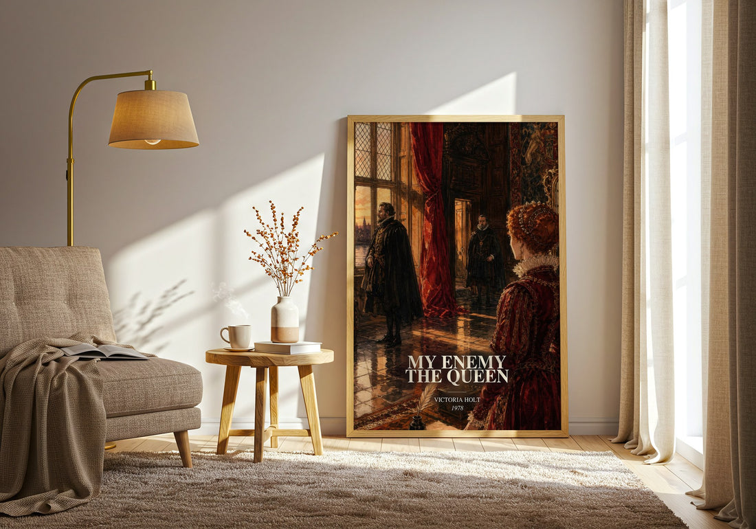 My Enemy the Queen watercolour print in frame leaning in hallway – historical fiction wall art (mockup)