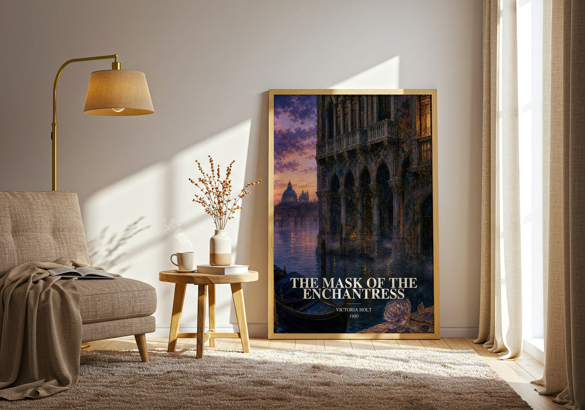 The Mask of the Enchantress watercolour print in frame leaning in hallway – gothic wall art (mockup)