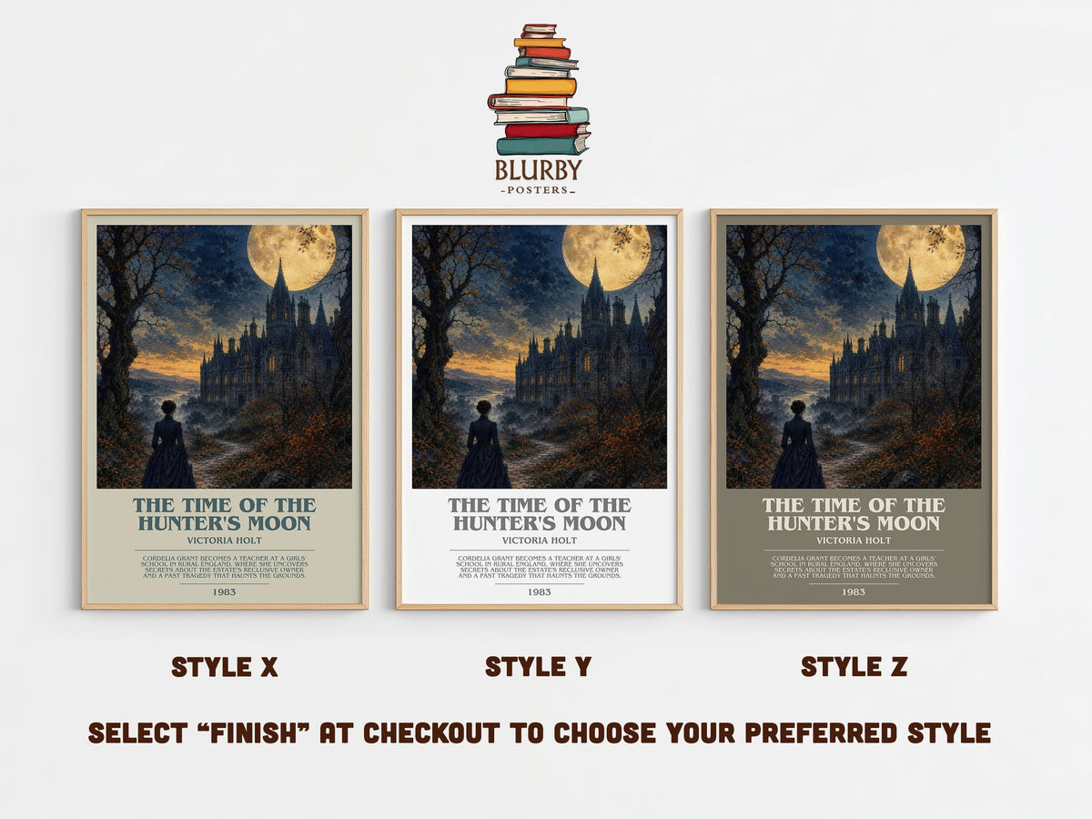 The Time of the Hunter's Moon bookish print in frame leaning in hallway – gothic wall art (mockup)