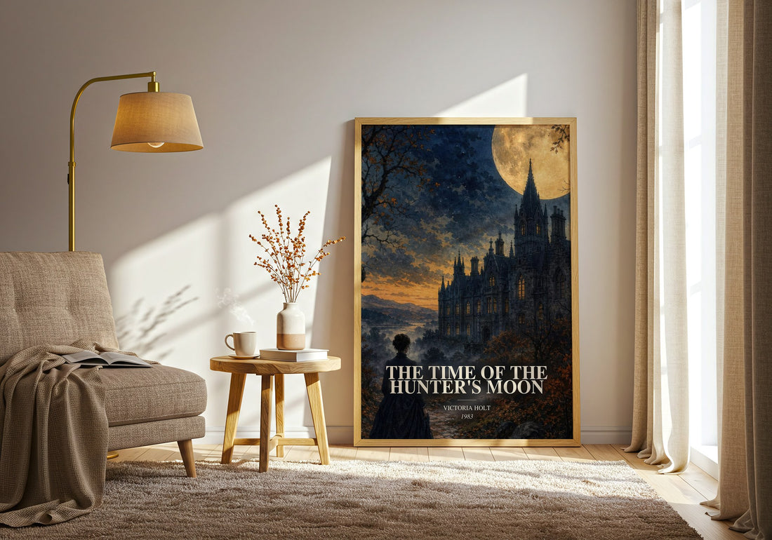 The Time of the Hunter's Moon watercolour print in frame leaning in hallway – gothic wall art (mockup)