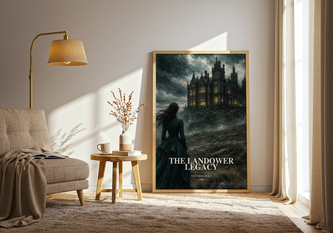 The Landower Legacy watercolour print in frame leaning in hallway – gothic wall art (mockup)