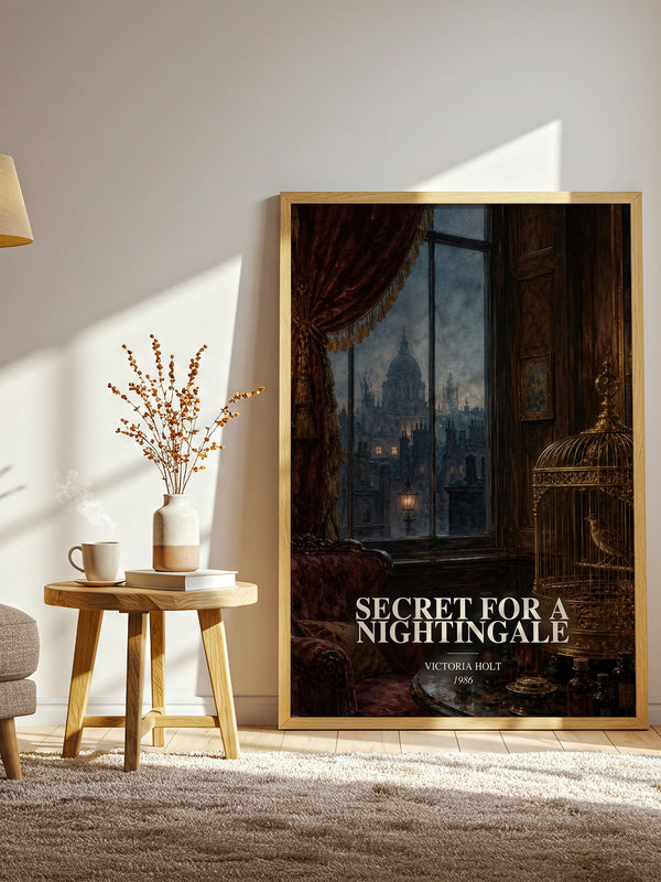 Secret for a Nightingale watercolour print in frame leaning in hallway – historical fiction wall art