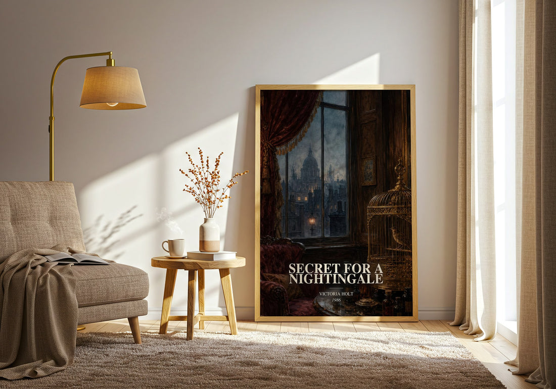 Secret for a Nightingale watercolour print in frame leaning in hallway – historical fiction wall art (mockup)