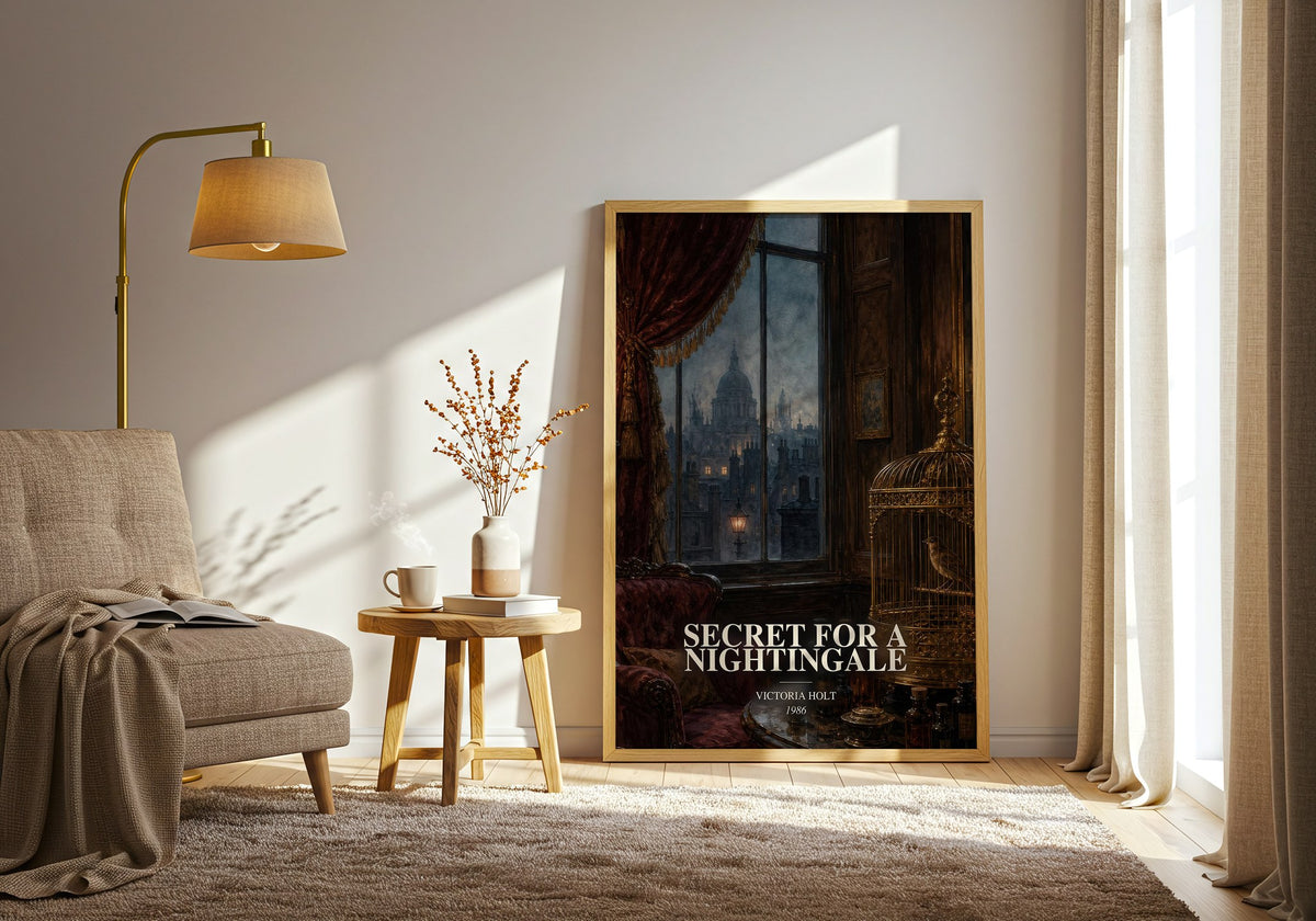 Secret for a Nightingale watercolour print in frame leaning in hallway – historical fiction wall art (mockup)