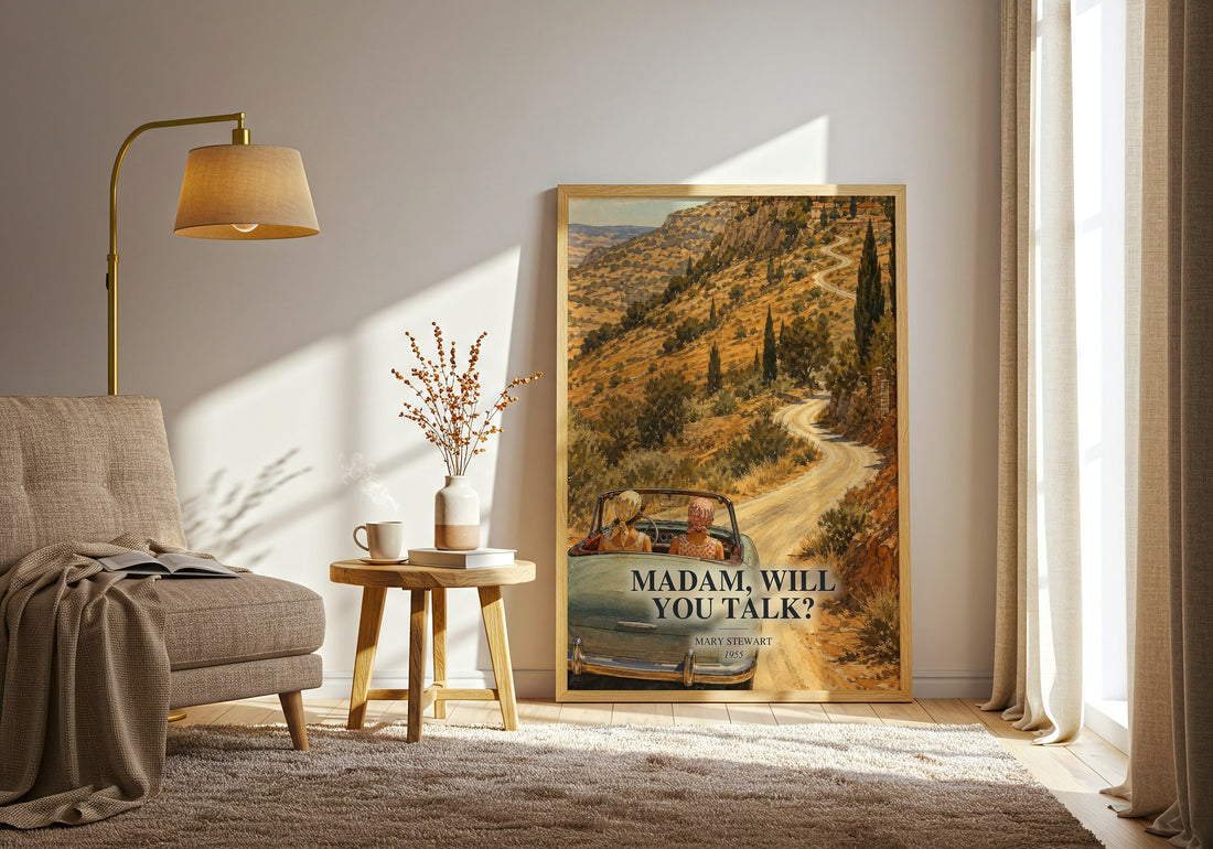 Madam, Will You Talk? watercolour print in frame leaning in hallway – mystery wall art (mockup)