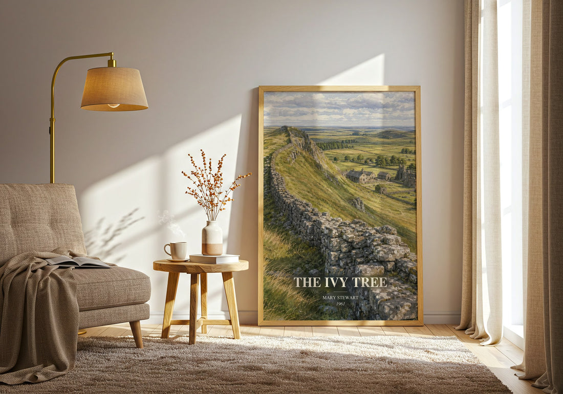 The Ivy Tree watercolour print in frame leaning in hallway – mystery wall art (mockup)