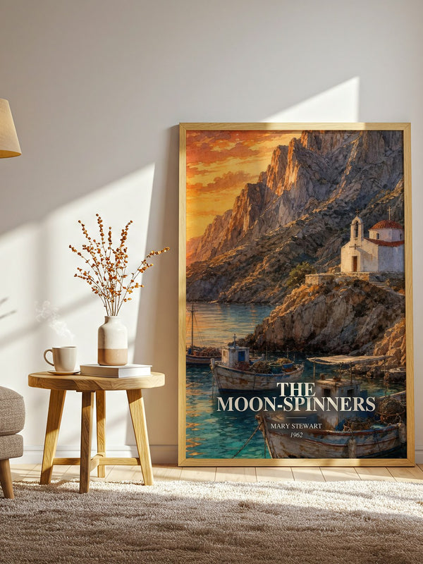 The Moon-Spinners watercolour print in frame leaning in hallway – thriller wall art