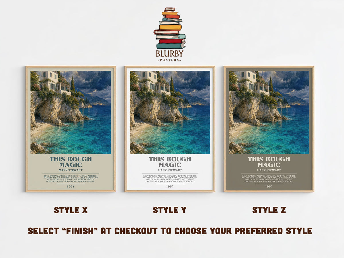 This Rough Magic bookish print in frame leaning in hallway – mystery wall art (mockup)