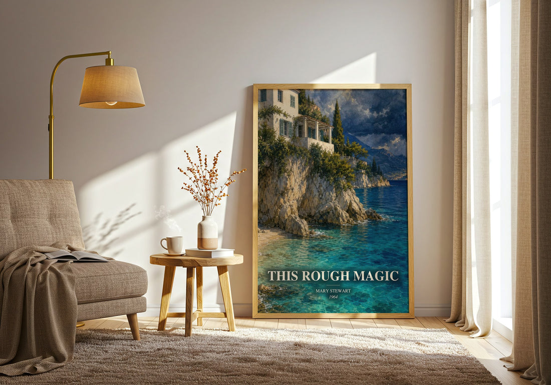 This Rough Magic watercolour print in frame leaning in hallway – mystery wall art (mockup)
