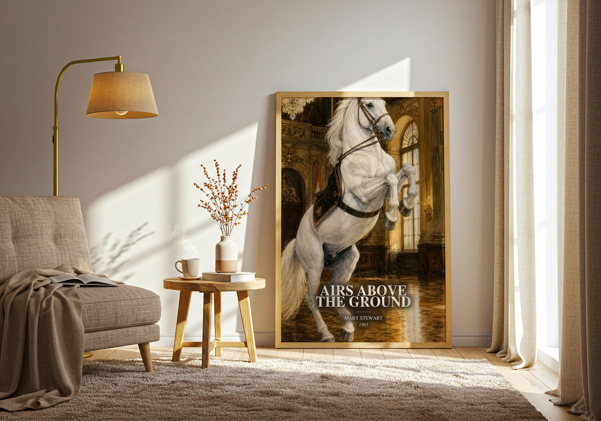 Airs Above the Ground watercolour print in frame leaning in hallway – thriller wall art (mockup)