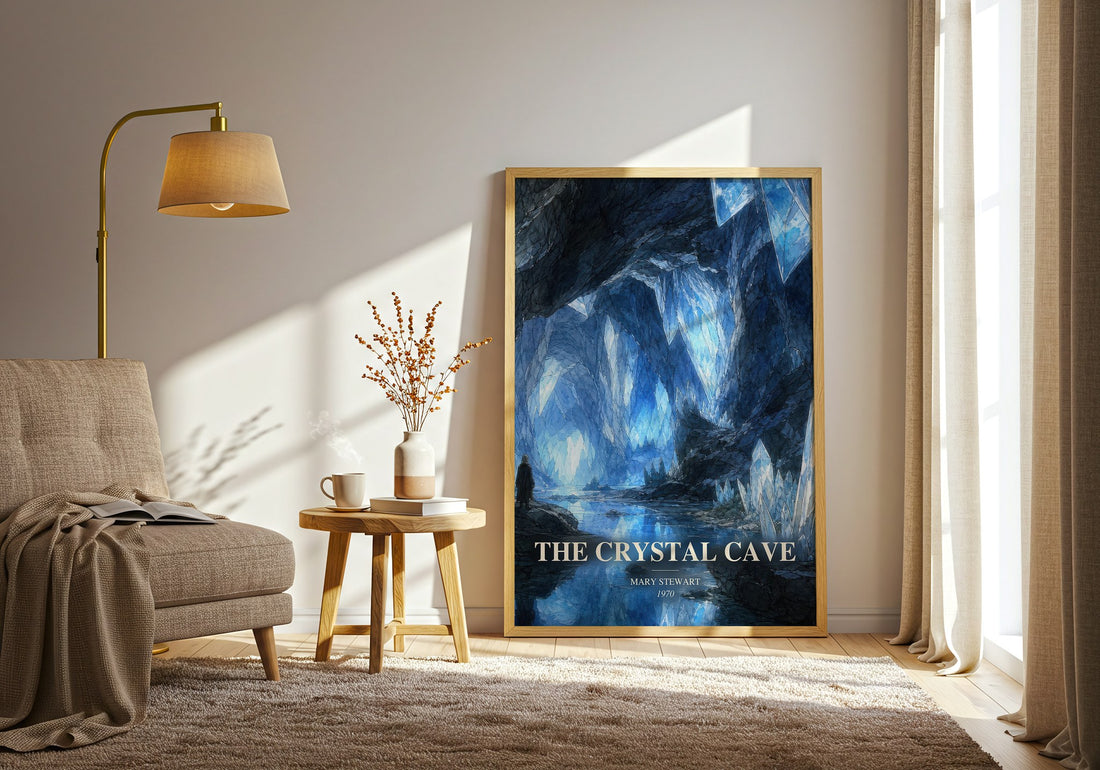 The Crystal Cave watercolour print in frame leaning in hallway – fantasy wall art (mockup)