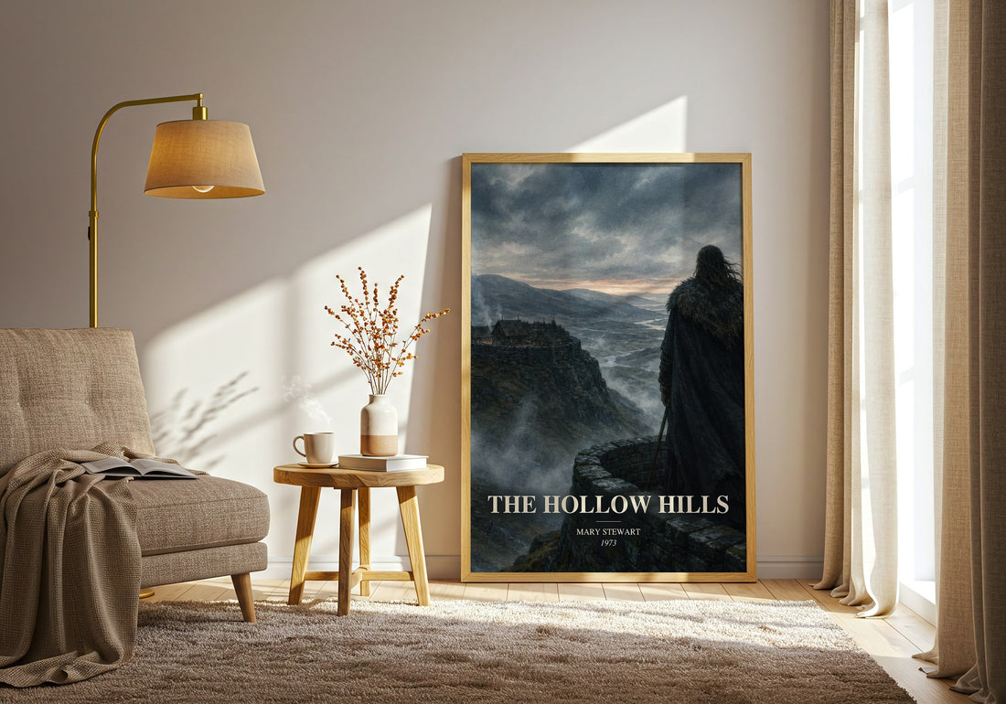 The Hollow Hills watercolour print in frame leaning in hallway – fantasy wall art (mockup)