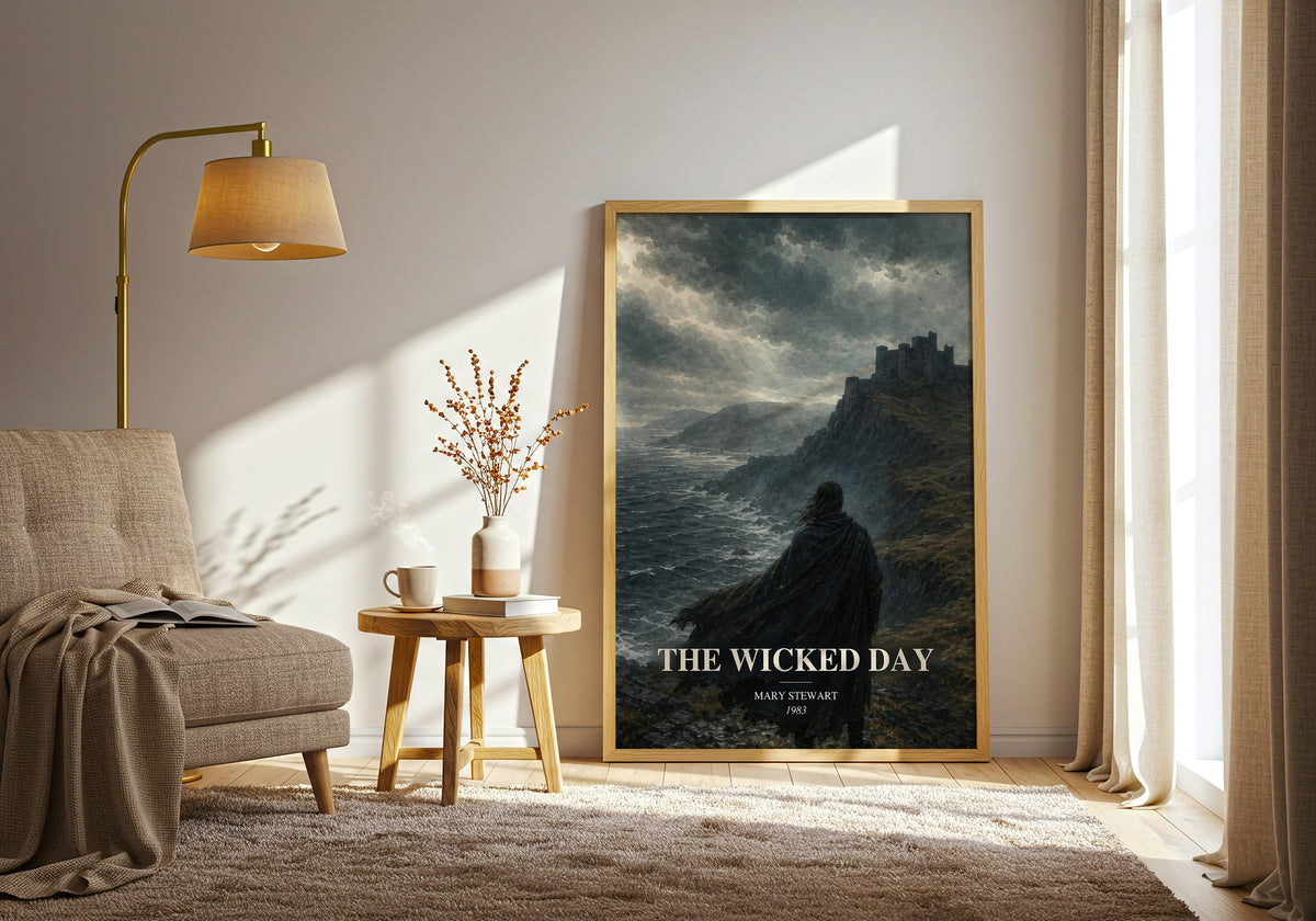 The Wicked Day watercolour print in frame leaning in hallway – historical fiction wall art (mockup)