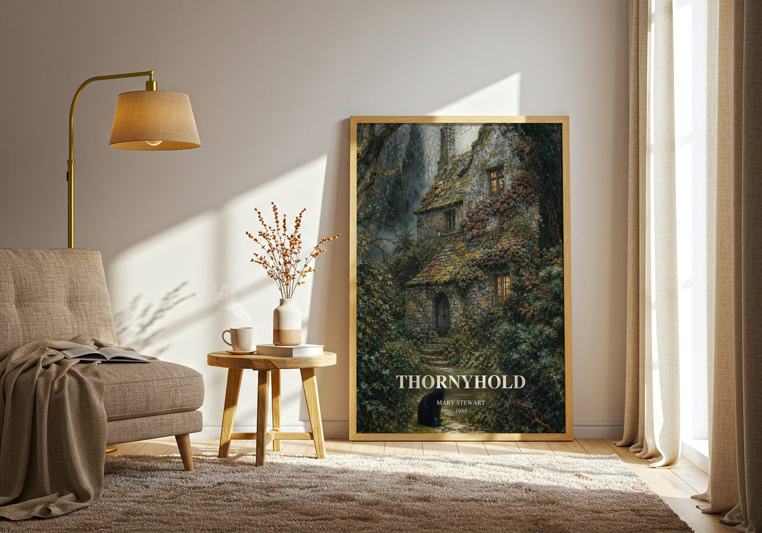 Thornyhold watercolour print in frame leaning in hallway – fantasy wall art (mockup)