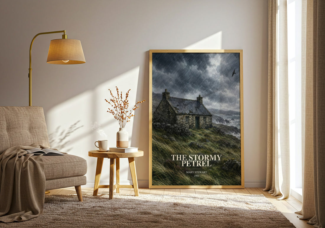The Stormy Petrel watercolour print in frame leaning in hallway – mystery wall art (mockup)