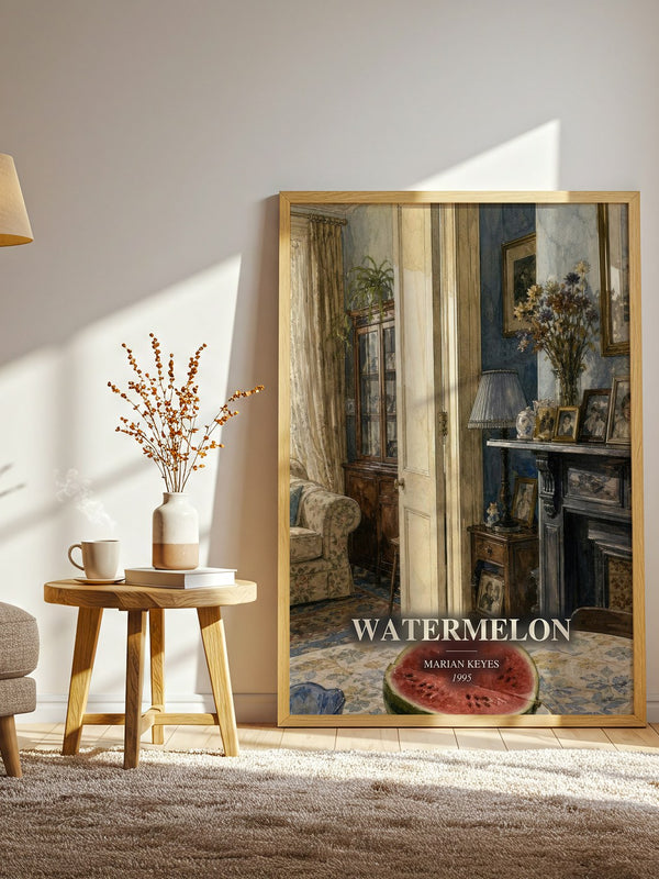 Watermelon watercolour print in frame leaning in hallway – contemporary fiction wall art